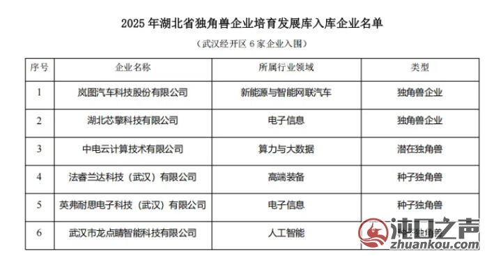 武汉经开区6家企业入选湖北省2025年独角兽企业培育发展库